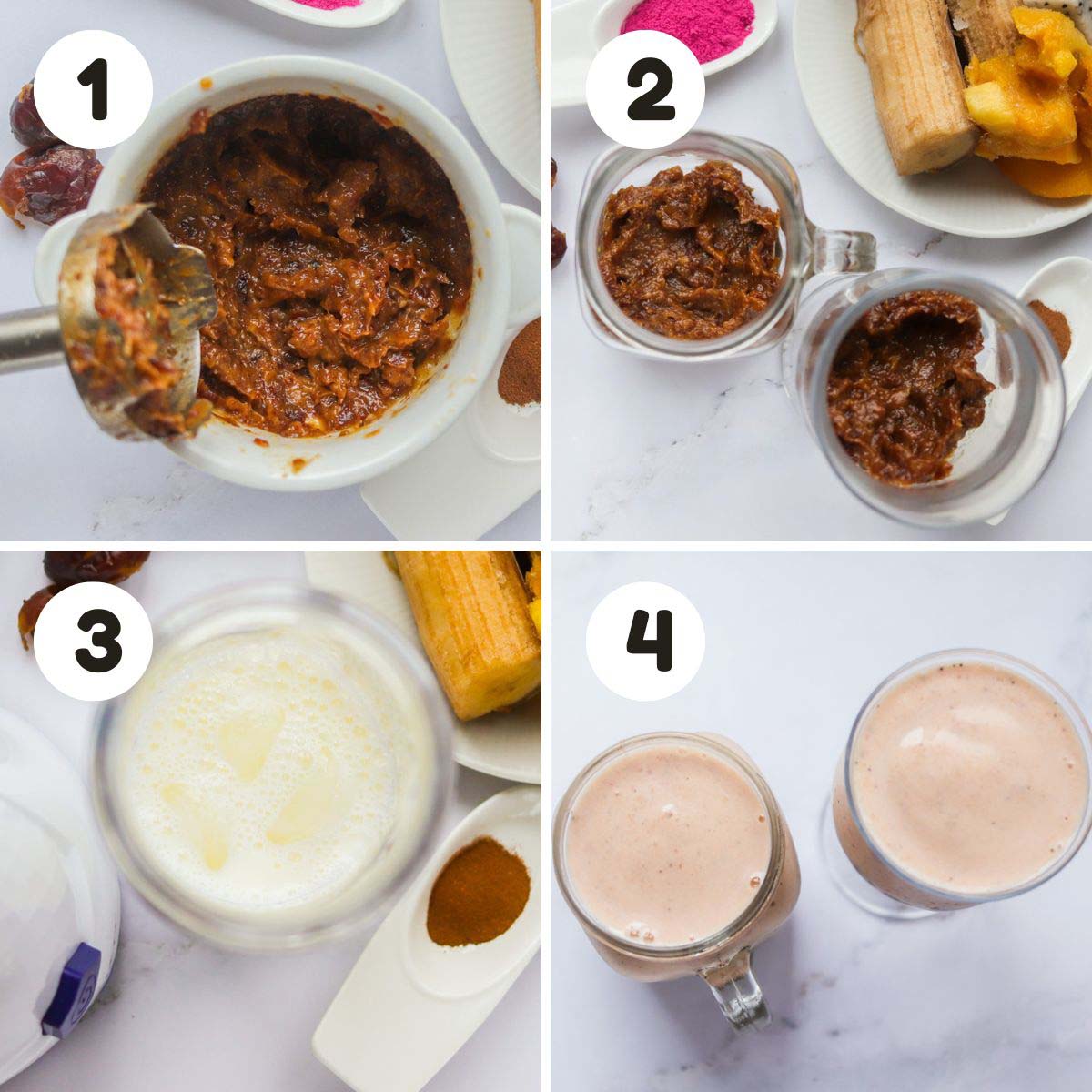four image process making pink pitaya powder parfait.