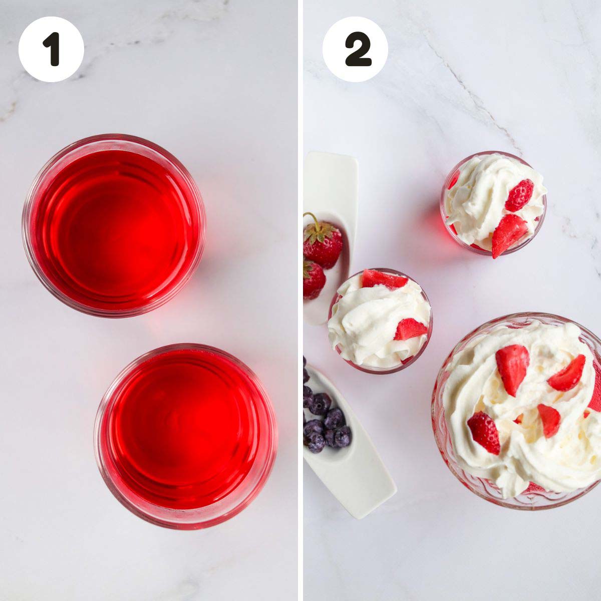 two image process making red, white and blue jello dessert.