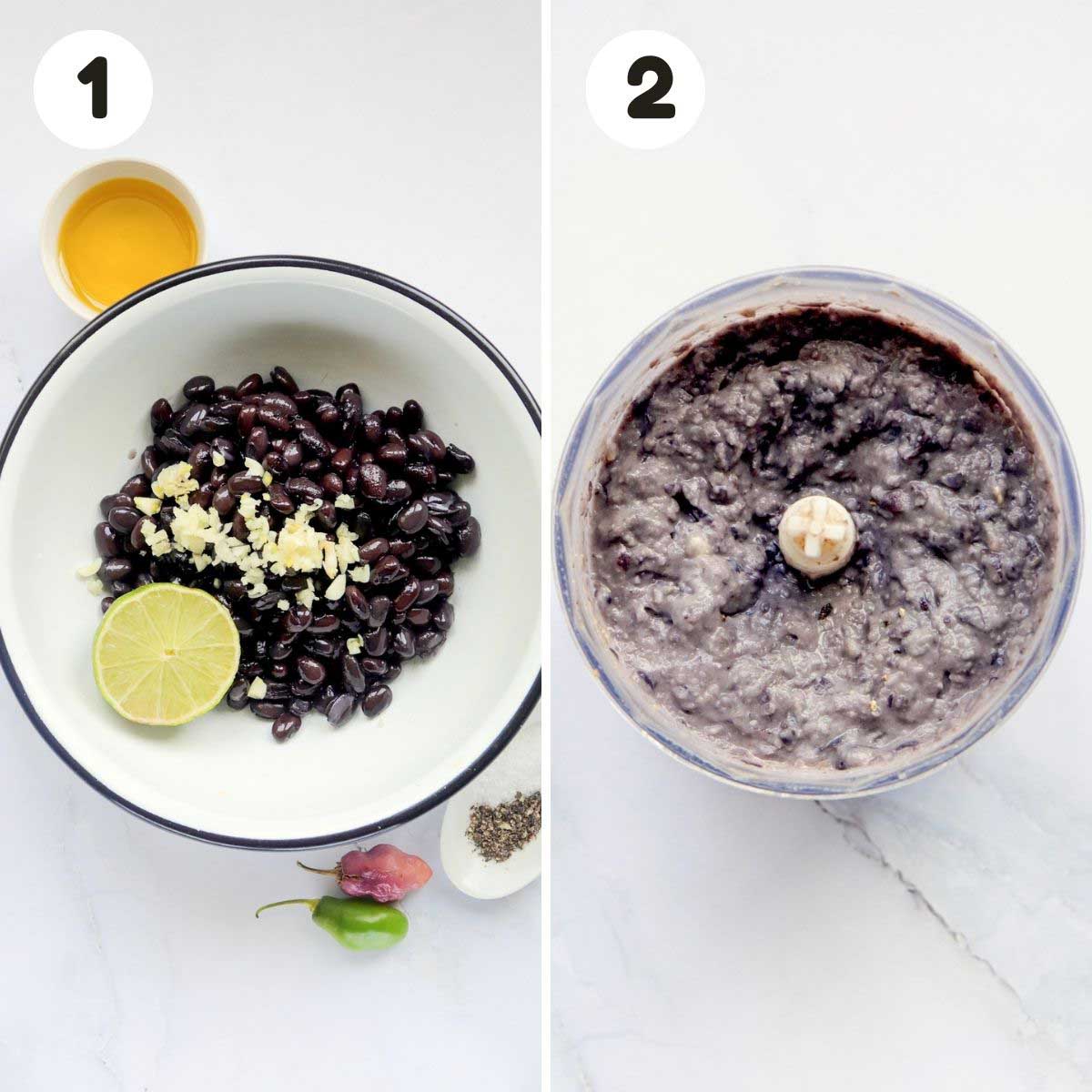 two image process making black bean hummus.
