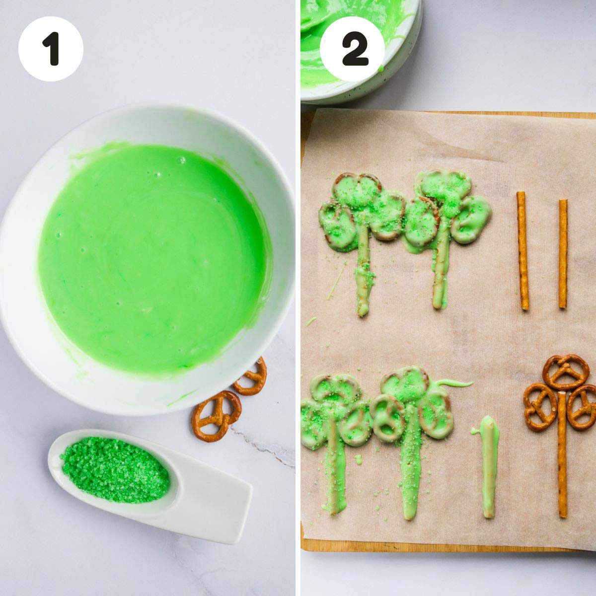 two image process making St. Patrick's Day shamrock pretzels.