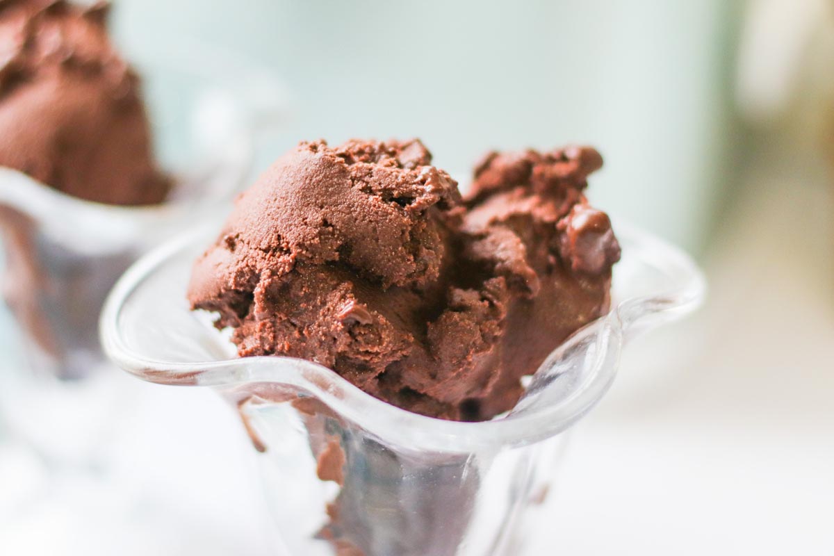 close up view of chocolate sorbet scooped in a dish.