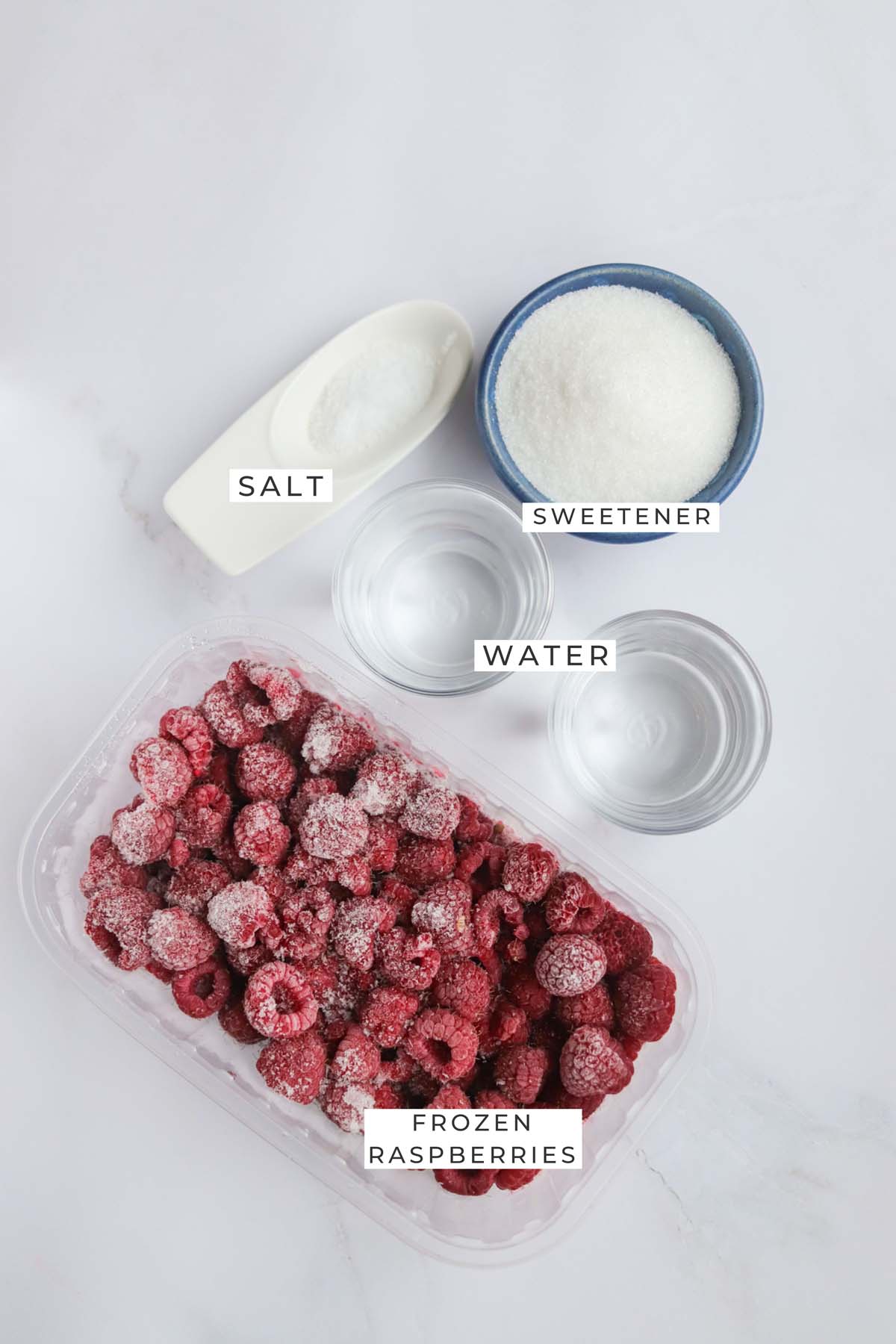 Labeled ingredients for the raspberry sorbet.