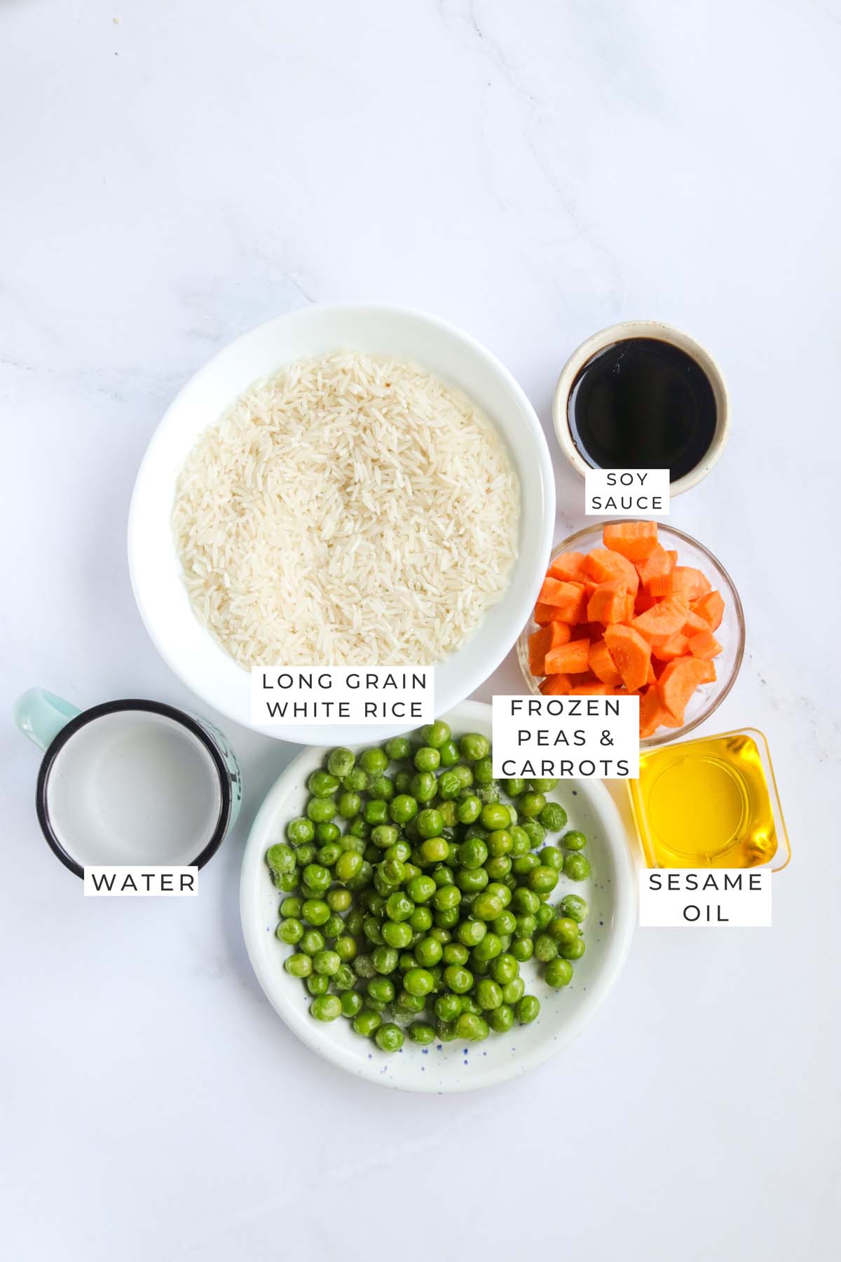 vegetarian Instant Pot fried rice labeled ingredients.