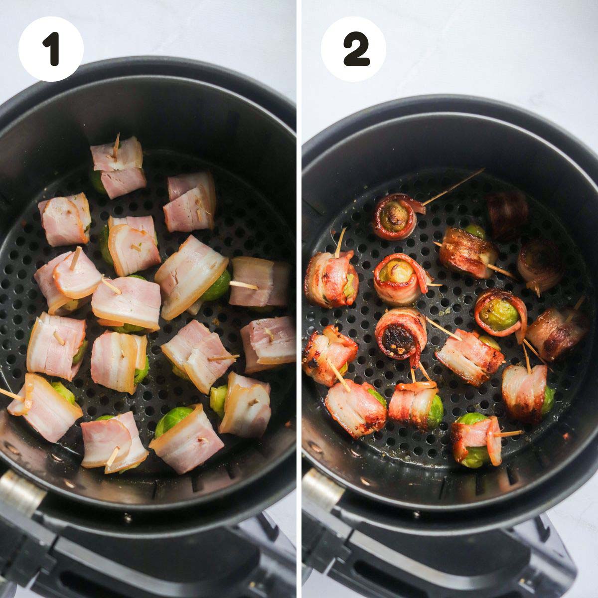 two image process making air fryer bacon wrapped Brussels sprouts.