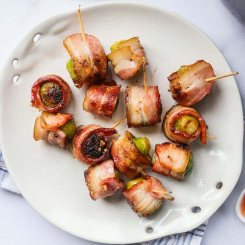 air fryer bacon wrapped Brussels sprouts thumbnail picture.