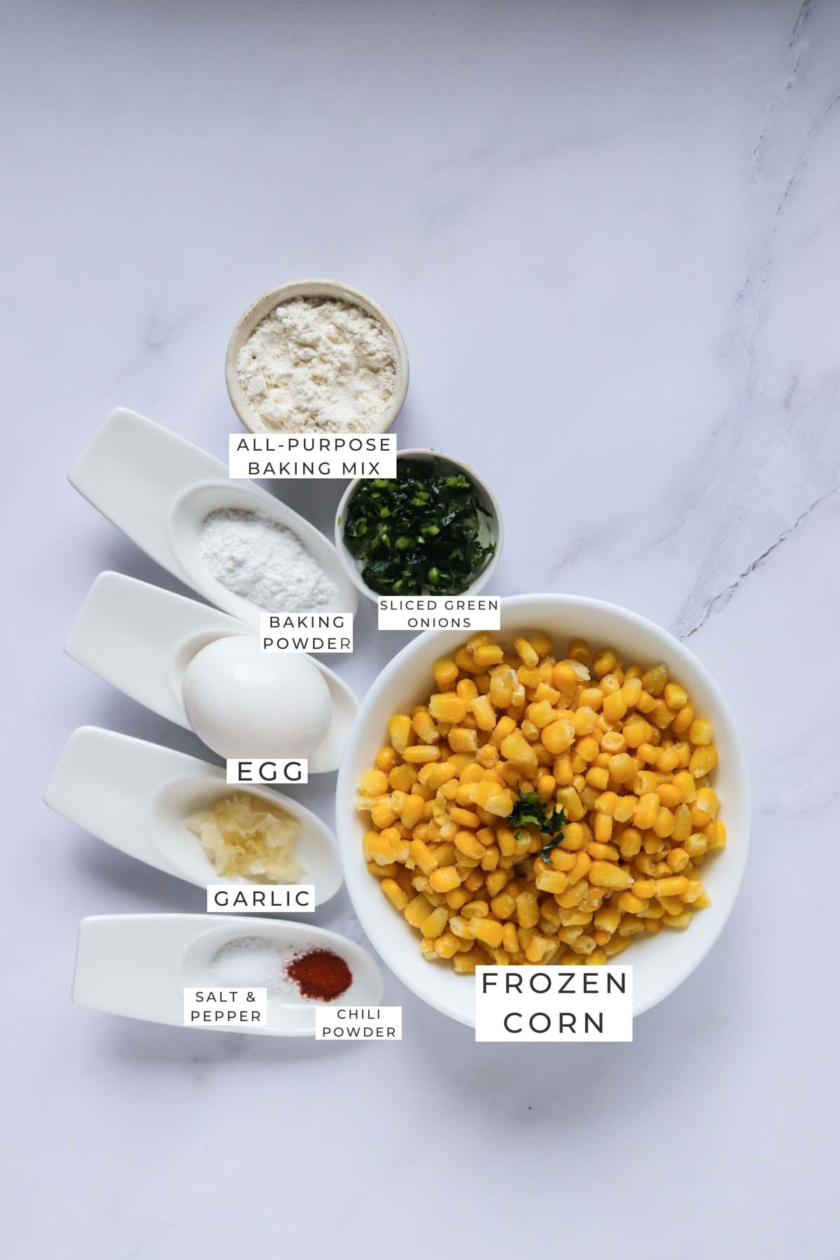 air fryer corn fritters labeled ingredients.