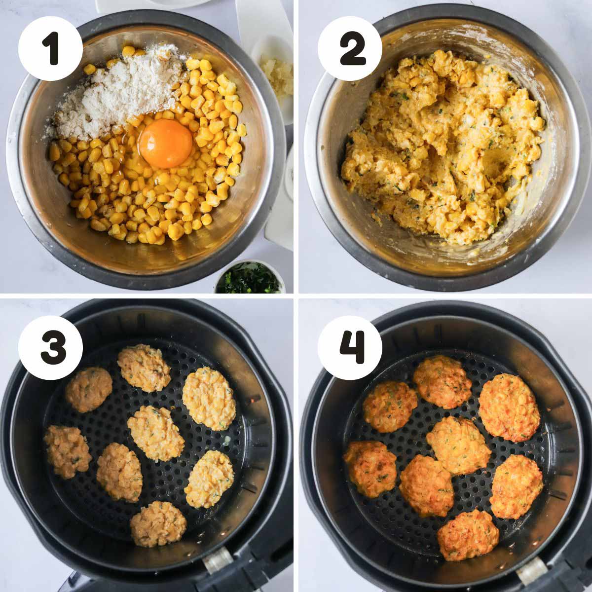 four image process making air fryer corn fritters.