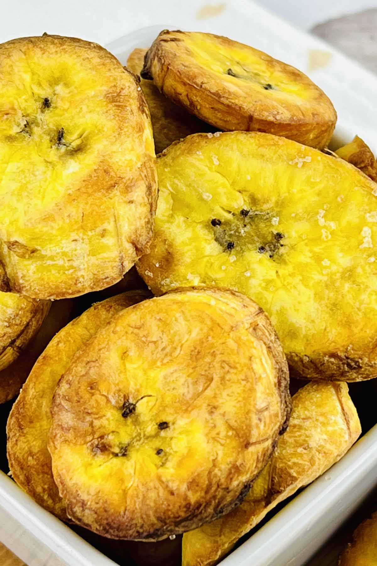 Air fried plantains in a bowl.