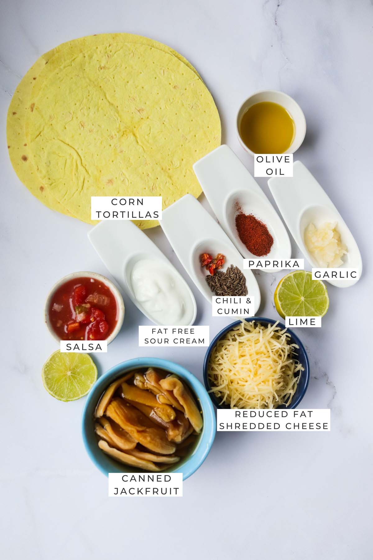 Labeled ingredients for the jackfruit tacos.