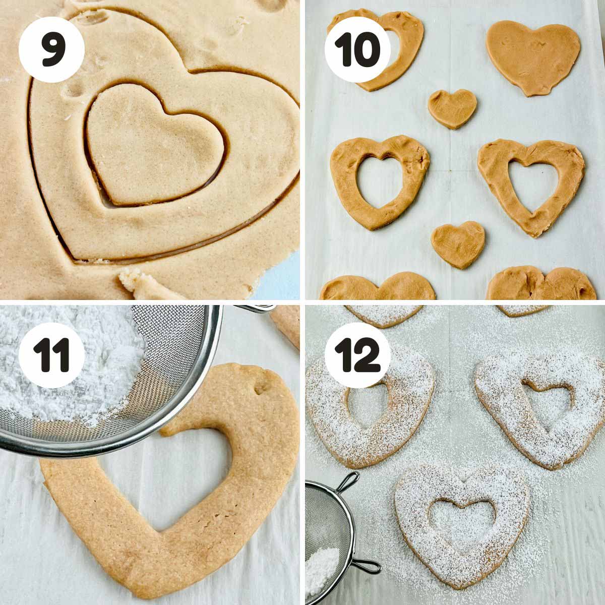 Steps to cut the heart shape out of cookie dough.