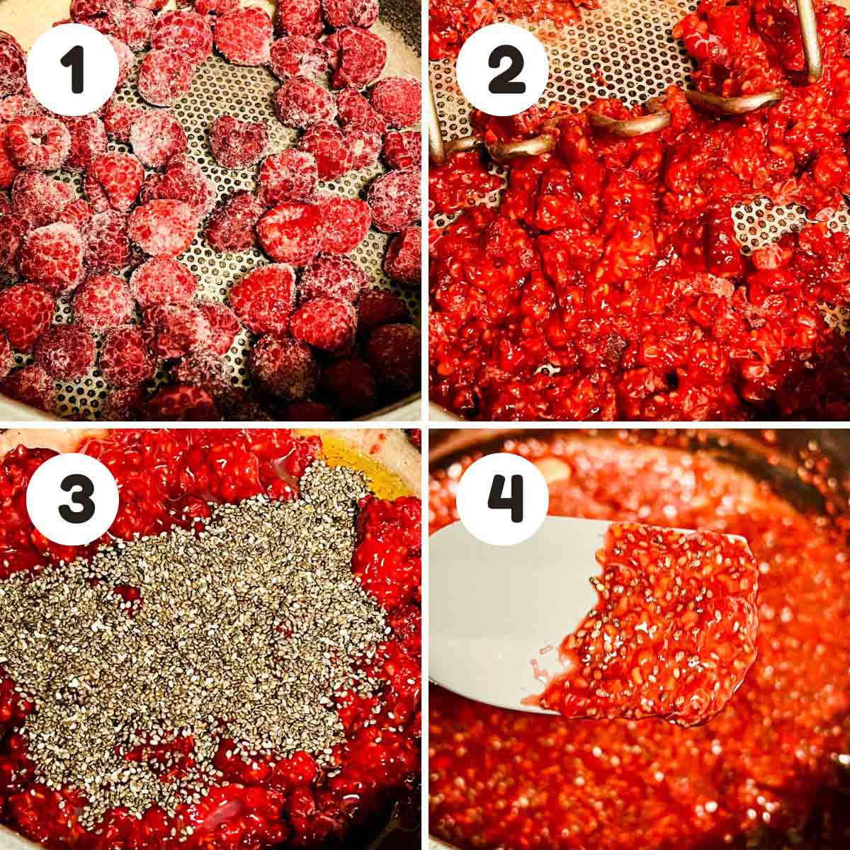 four image process making raspberry jam.