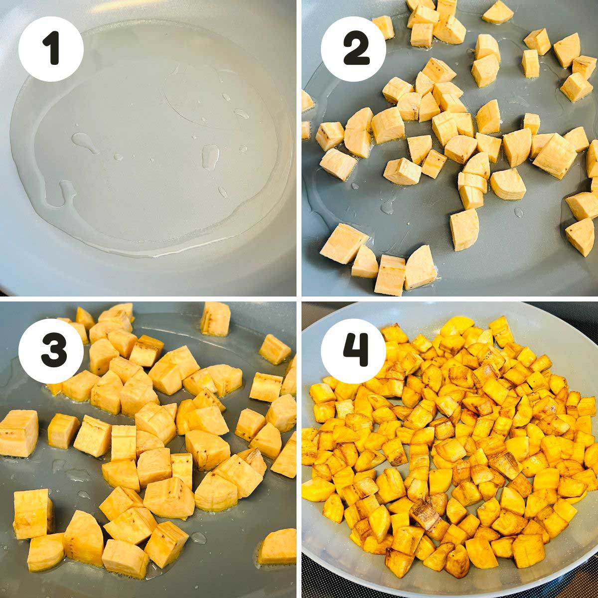 four image process making plantain croutons.