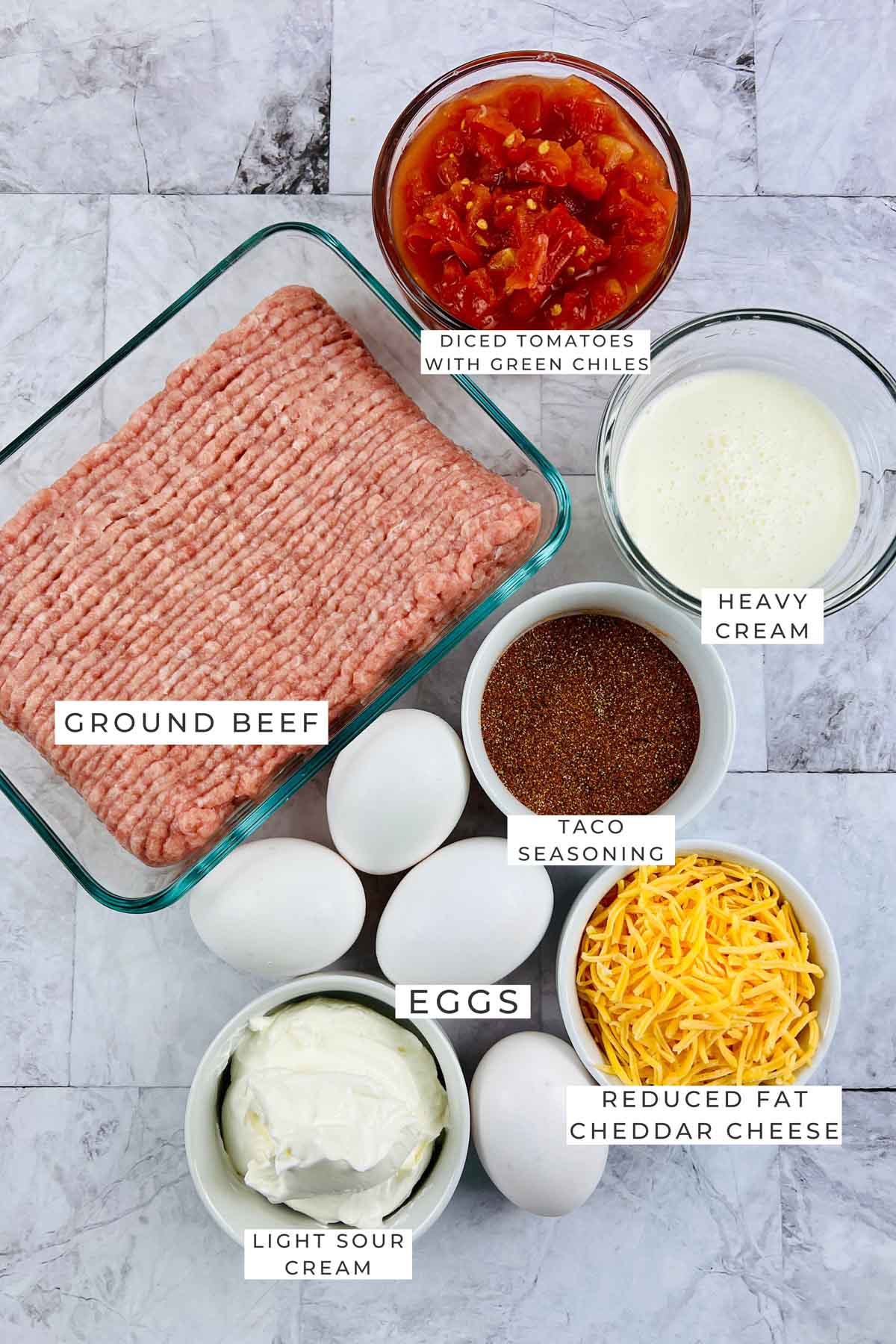 Labeled ingredients for the taco casserole.