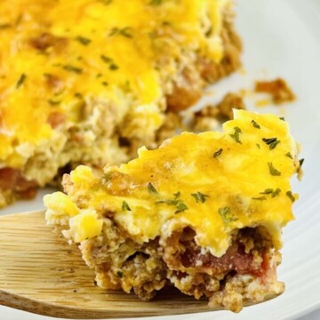 taco casserole on a wooden spoon.
