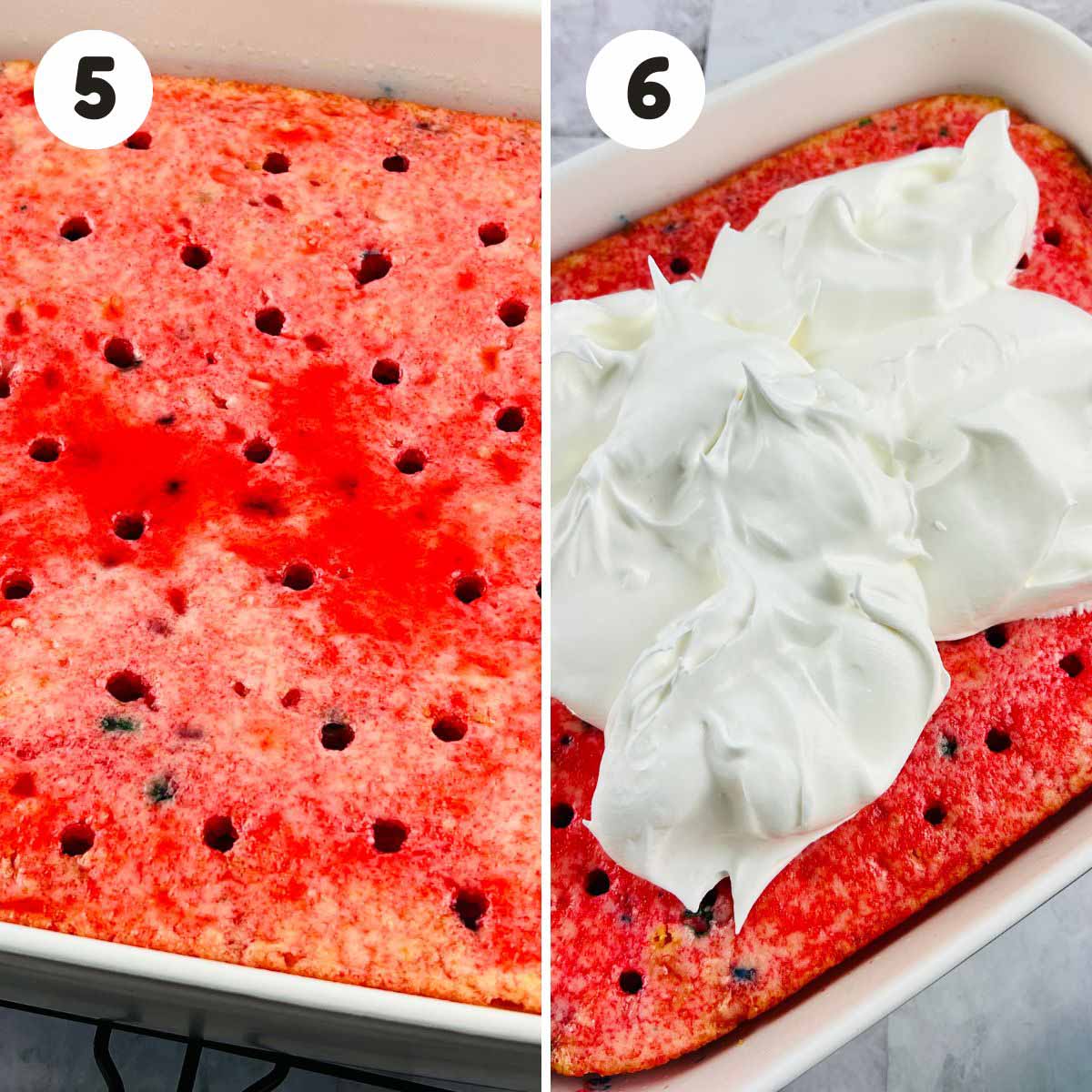 Steps to frost the poke cake.