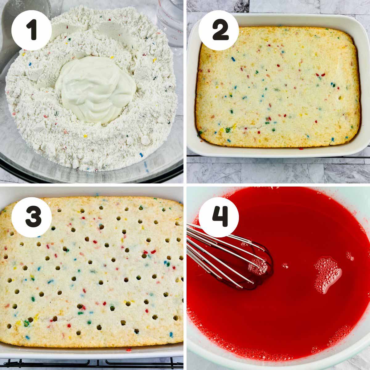 four image process making Funfetti poke cake.