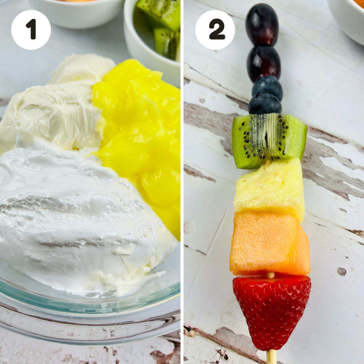 Steps to make the fruit skewers and dip.
