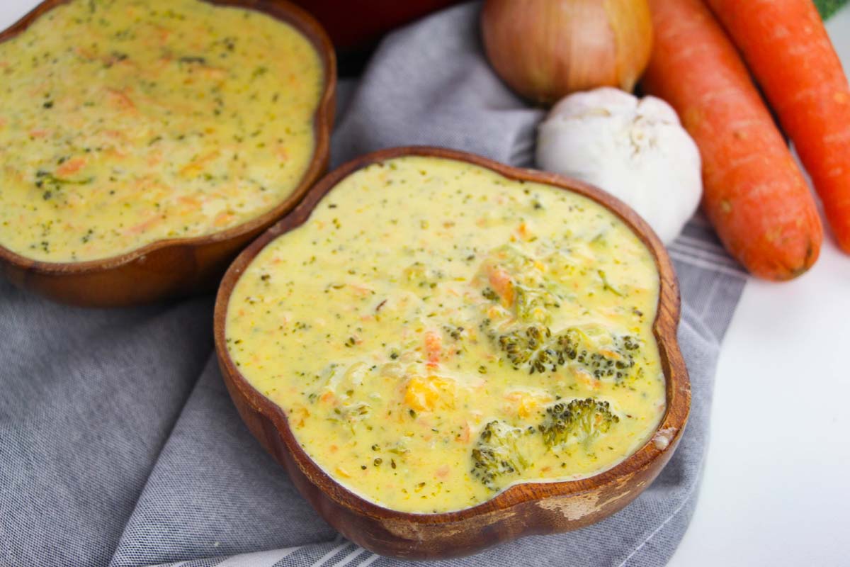 broccoli soup in a brown bowl.