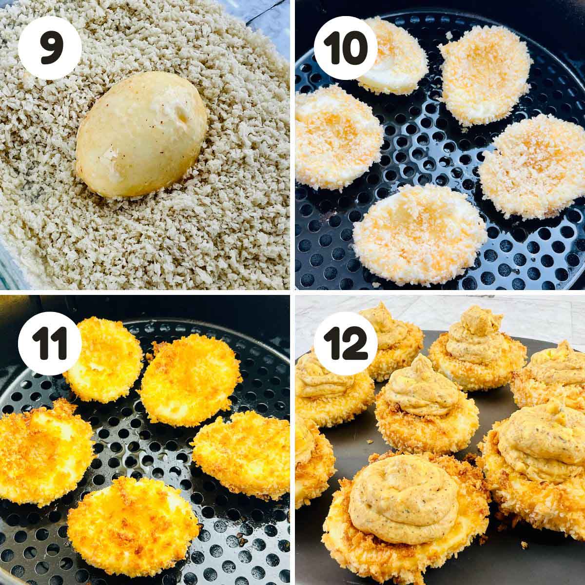 four image process making air fryer breaded deviled eggs.