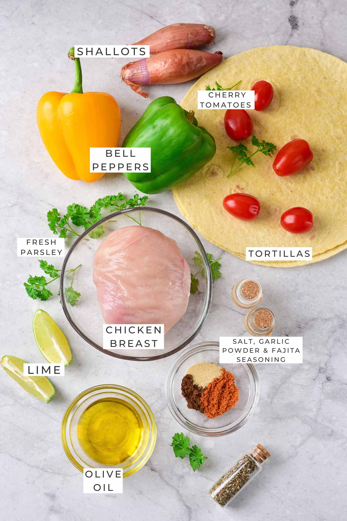 Labeled ingredients for the fajitas.