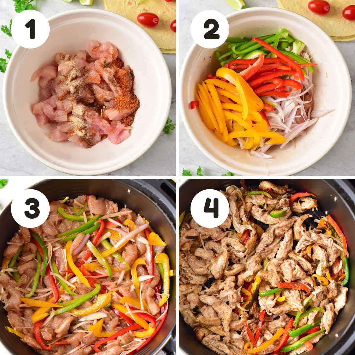 four image process making air fryer chicken fajitas.