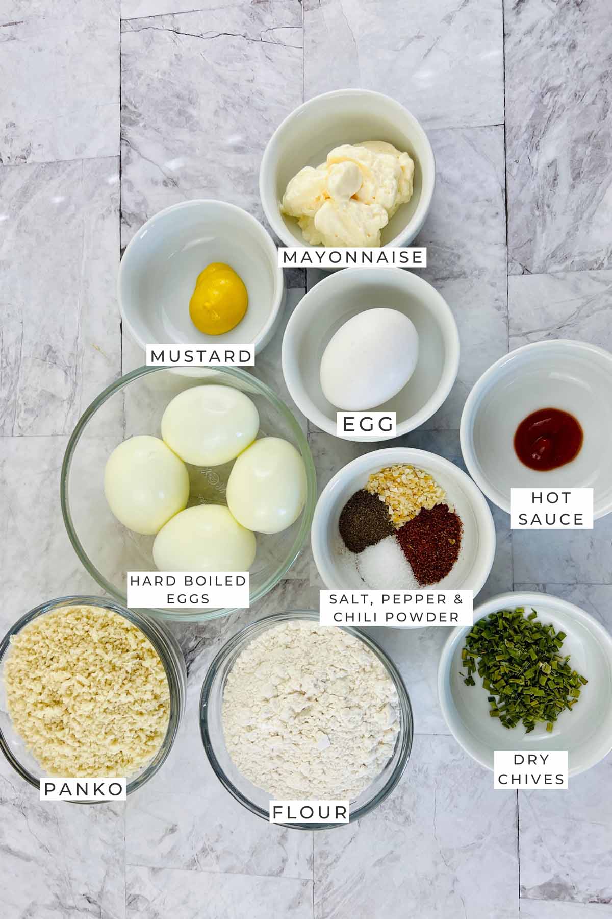 Labeled ingredients for the deviled eggs.