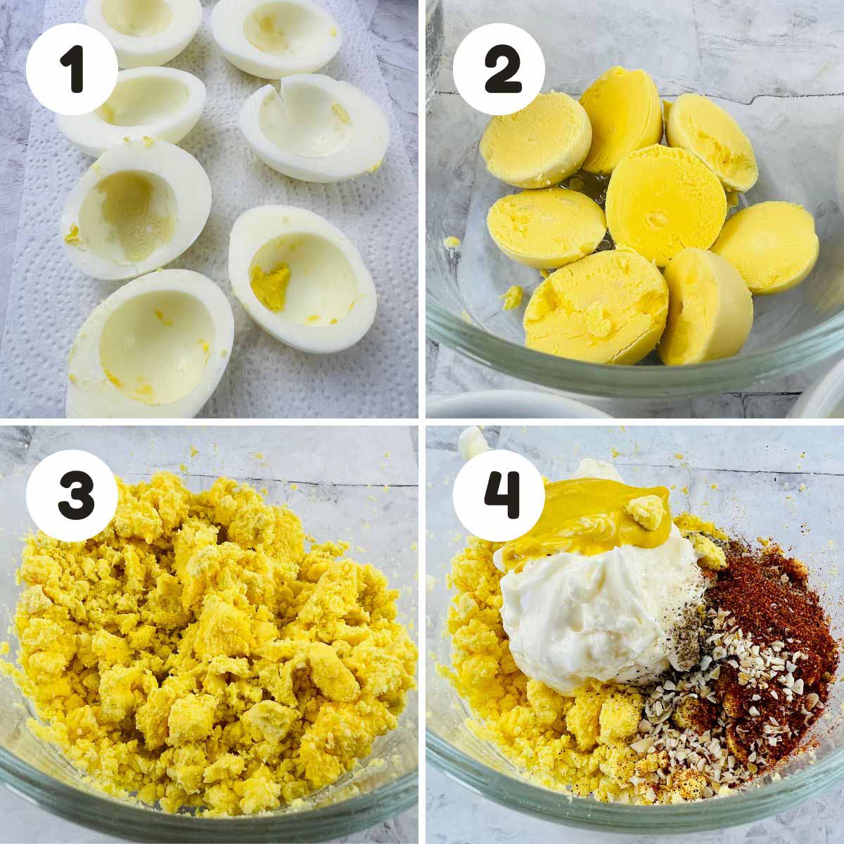 four image process making air fryer deviled eggs.