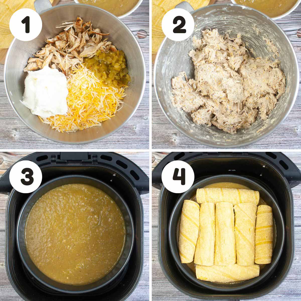 four image process making air fryer enchiladas.
