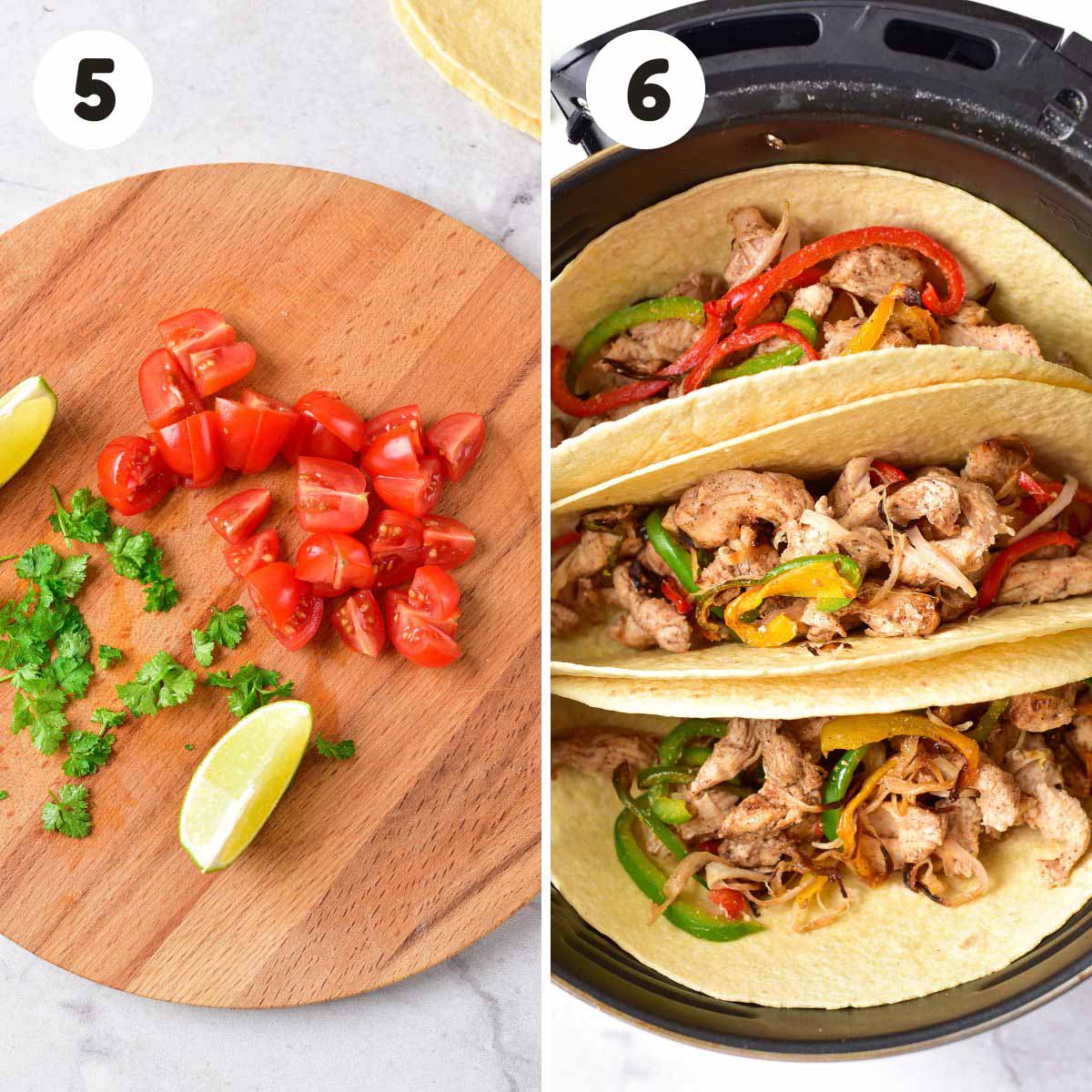 Steps to assemble the chicken fajitas.