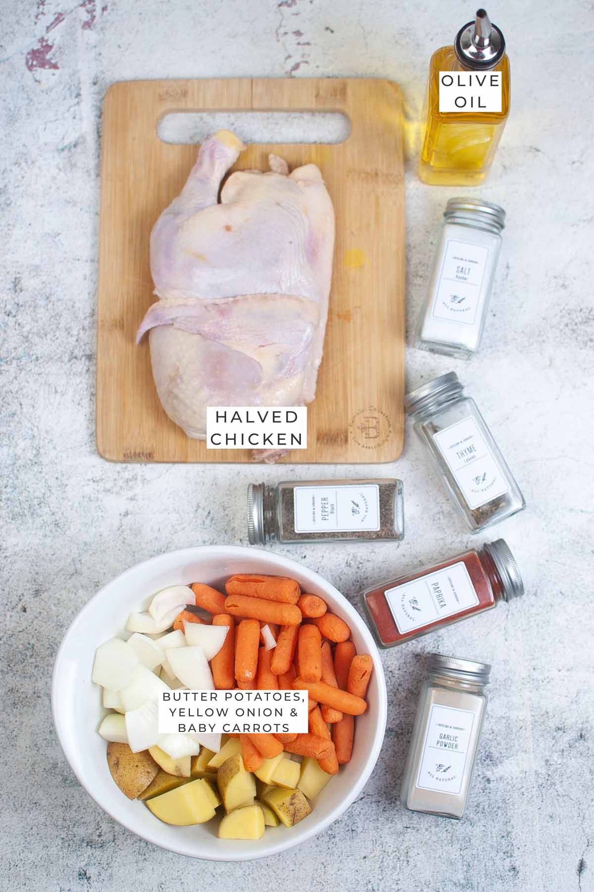 Labeled ingredients for the half chicken.