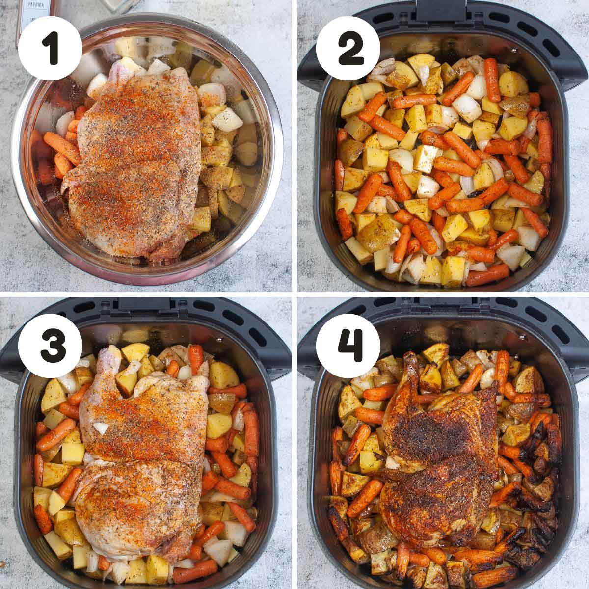 four image process making air fryer half chicken.