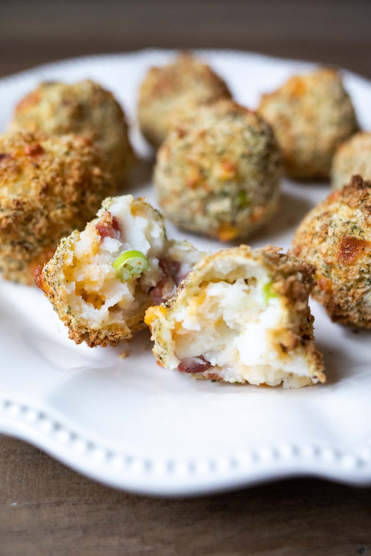 side view of mashed potato ball cut in half.