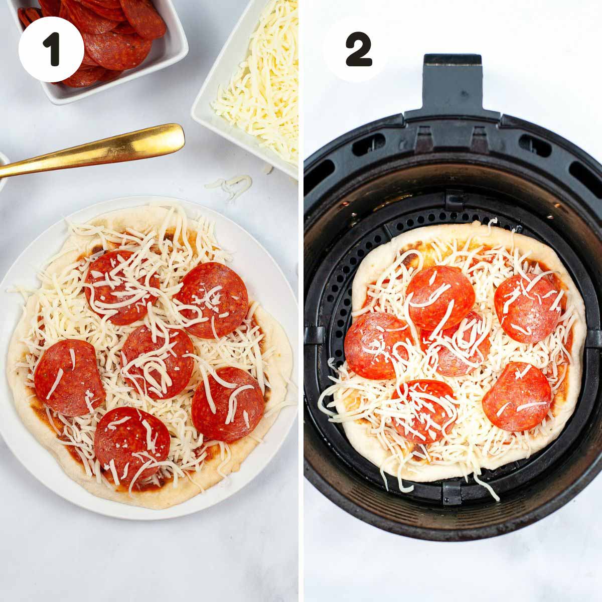 two image process making air fryer pizza.