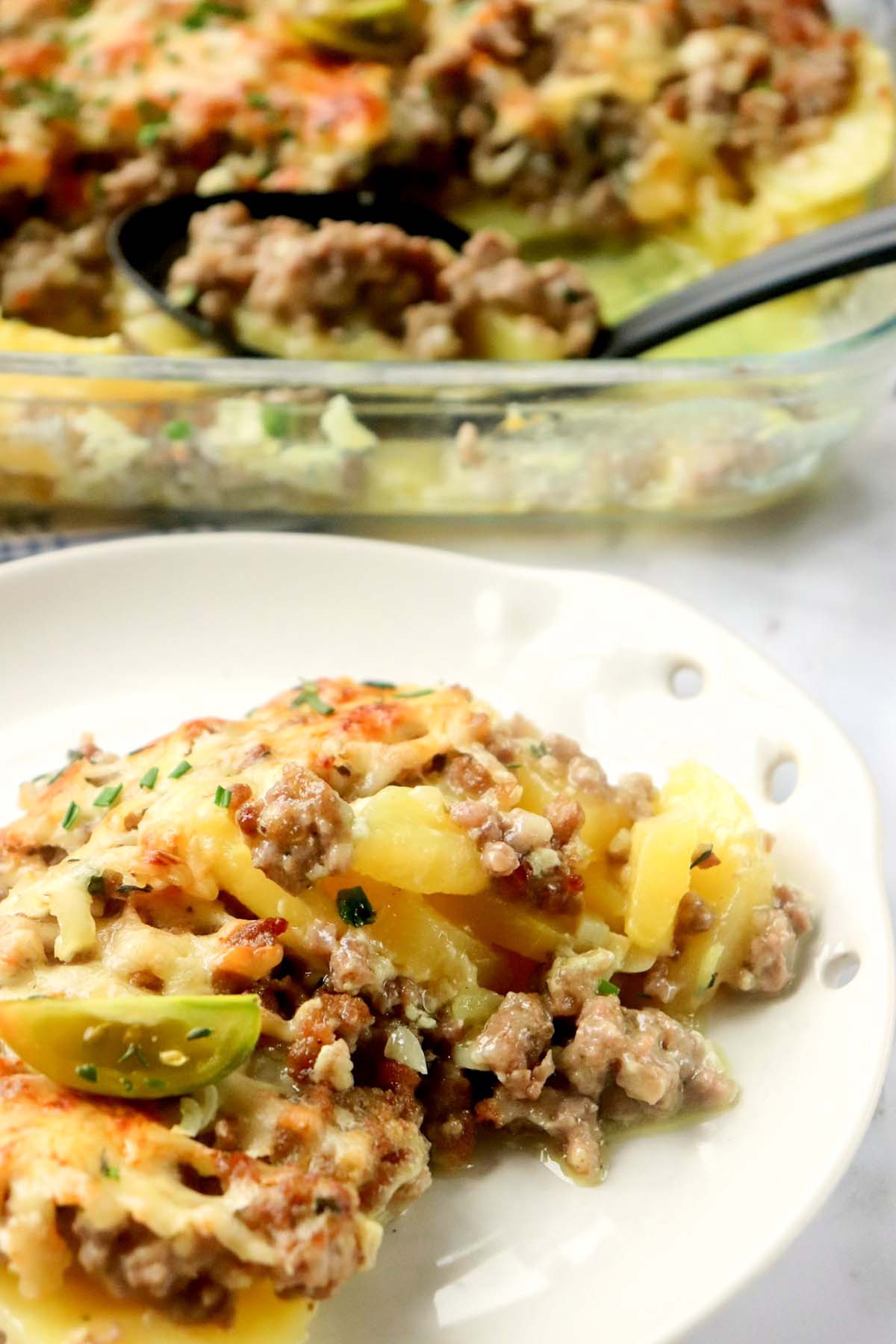 The casserole scooped onto a white plate.