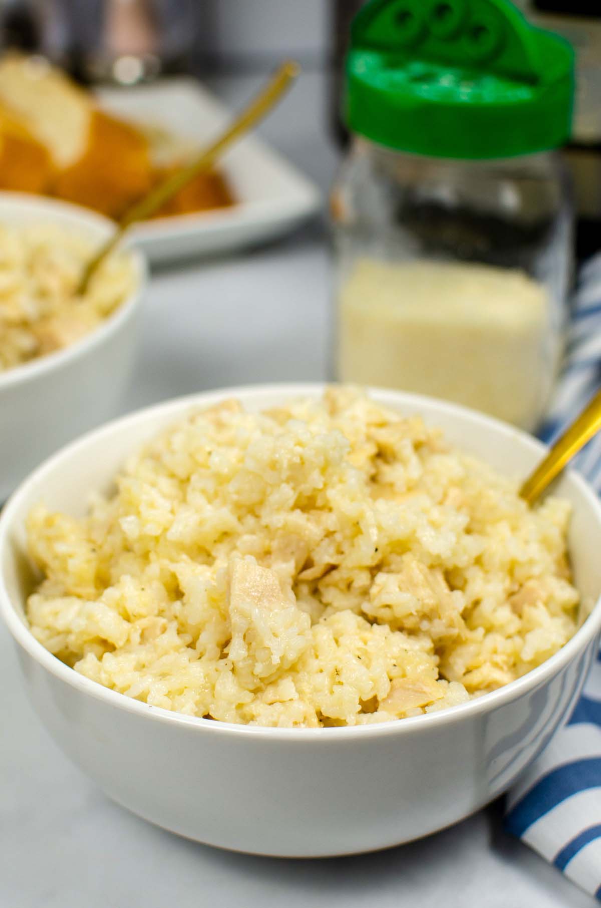 Rice and chicken in a white bowl.