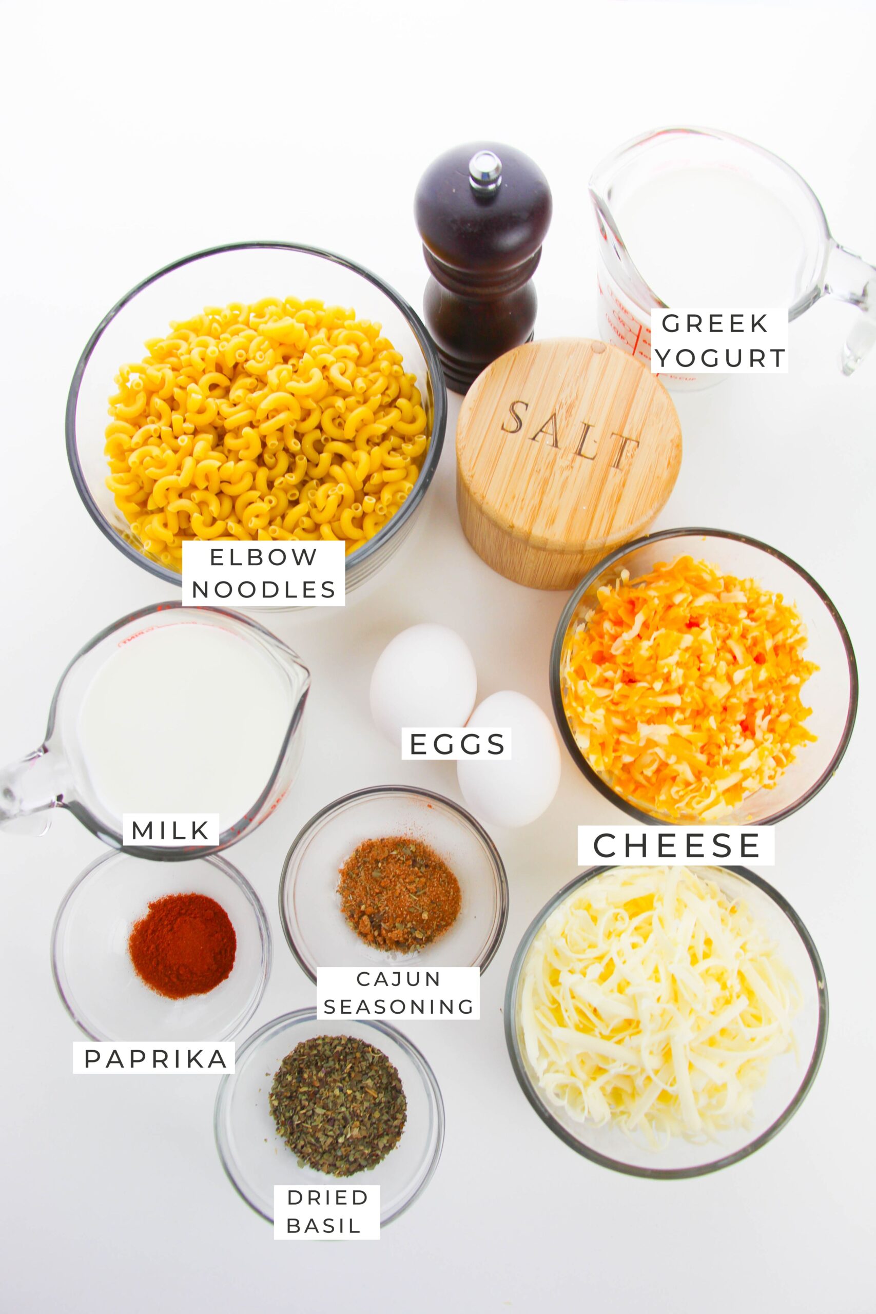 Labeled ingredients for the mac and cheese.