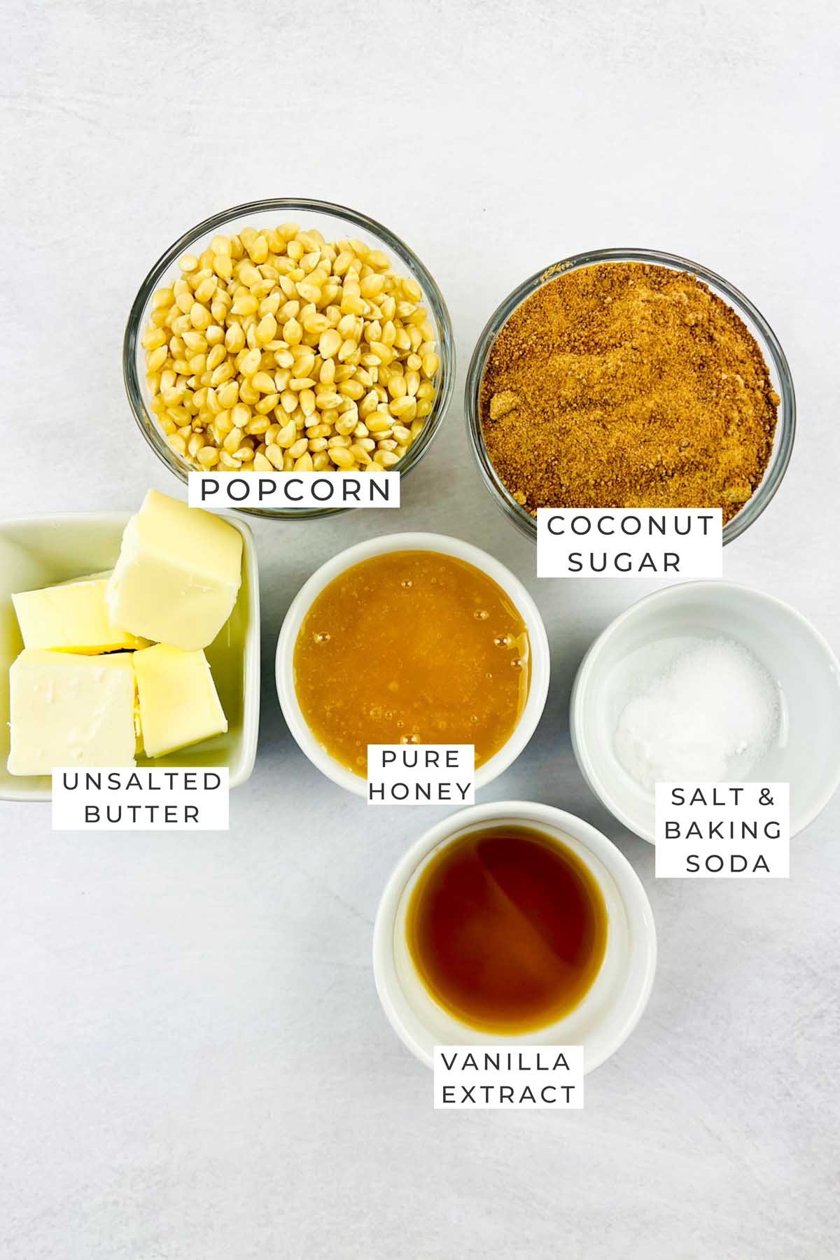 Labeled ingredients for the caramel popcorn.