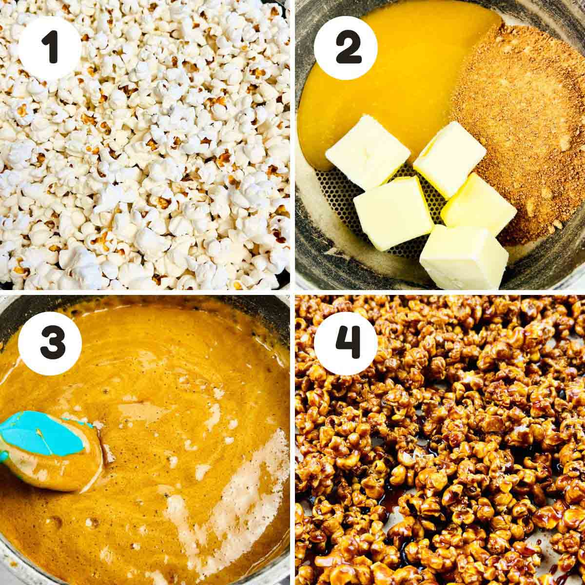 Steps to make the caramel popcorn.