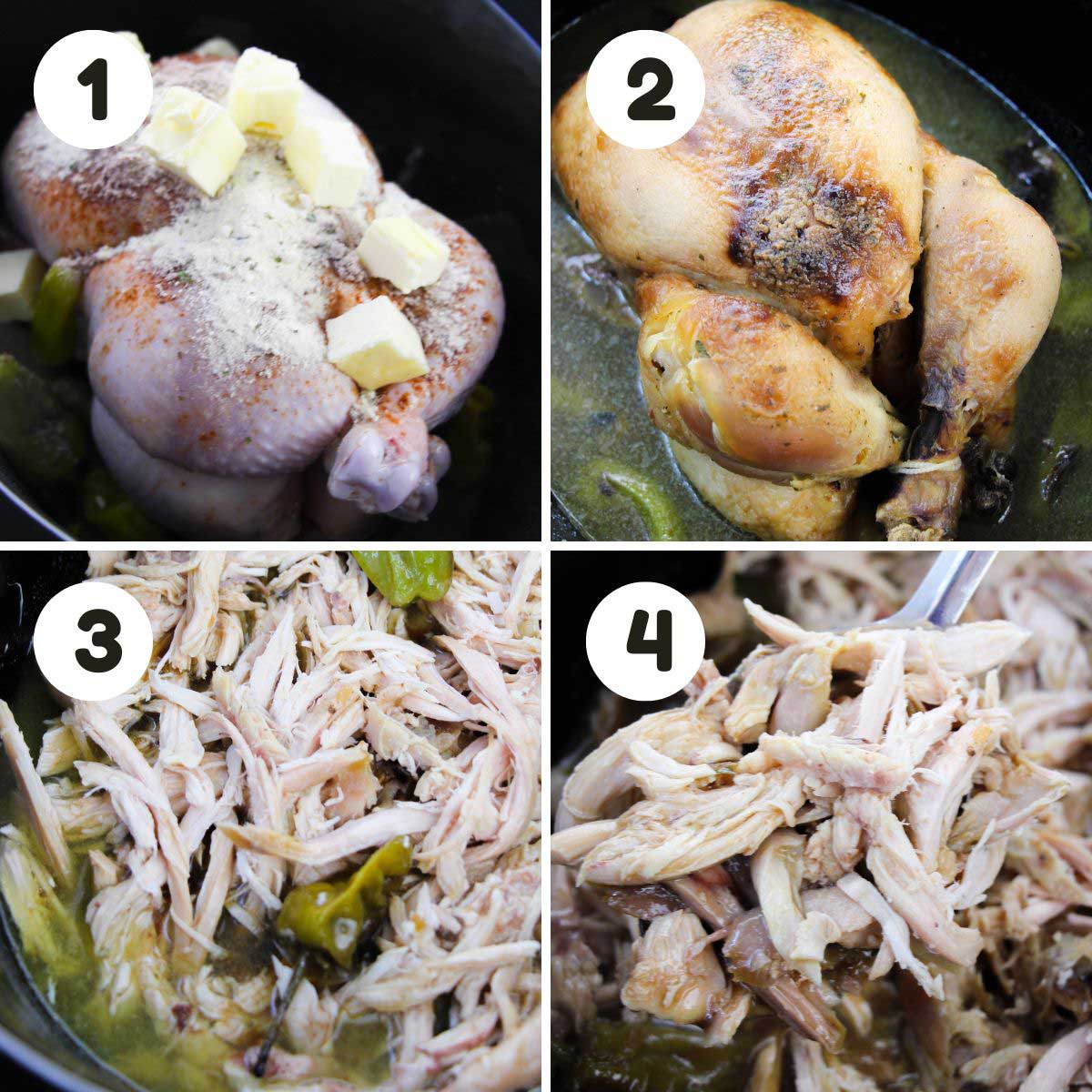four image process making crockpot Mississippi chicken.