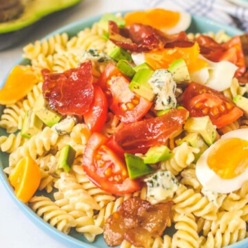 side view of pasta salad on a plate.