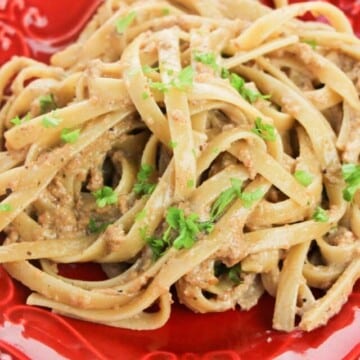 Alfredo pasta on a red plate.