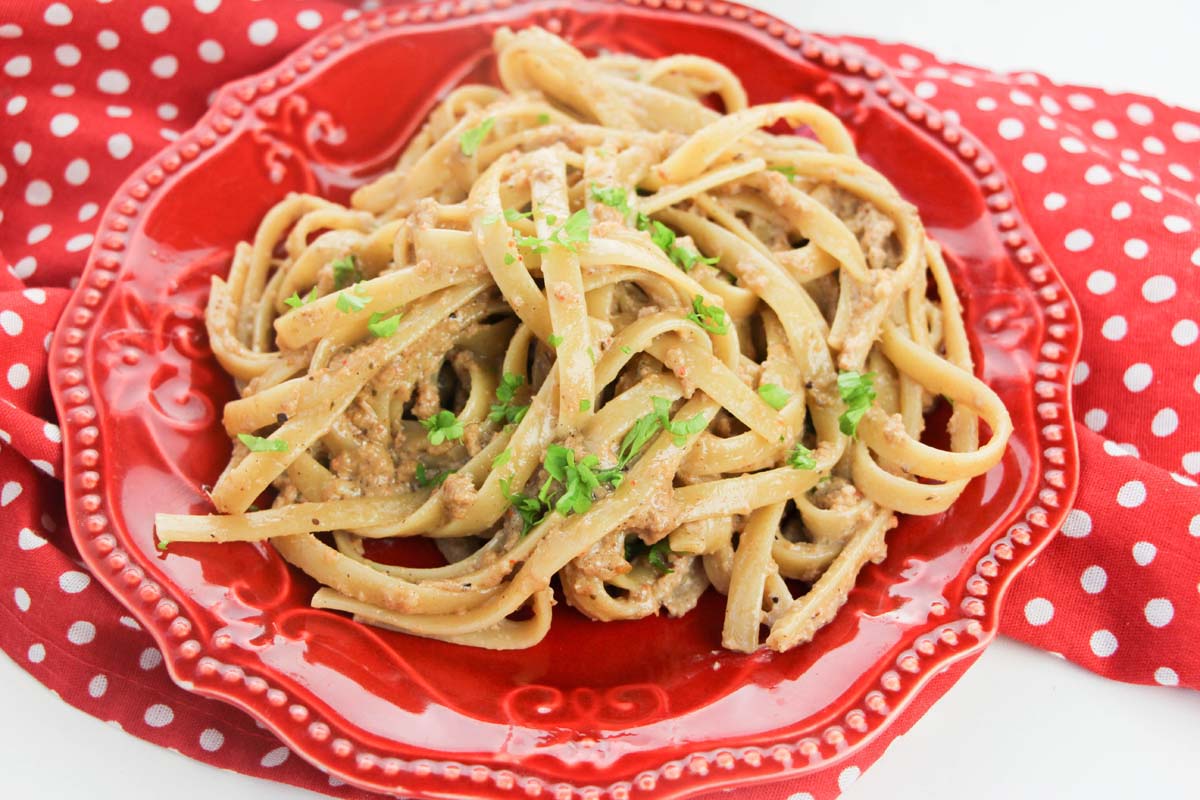 Alfredo pasta on a red plate.