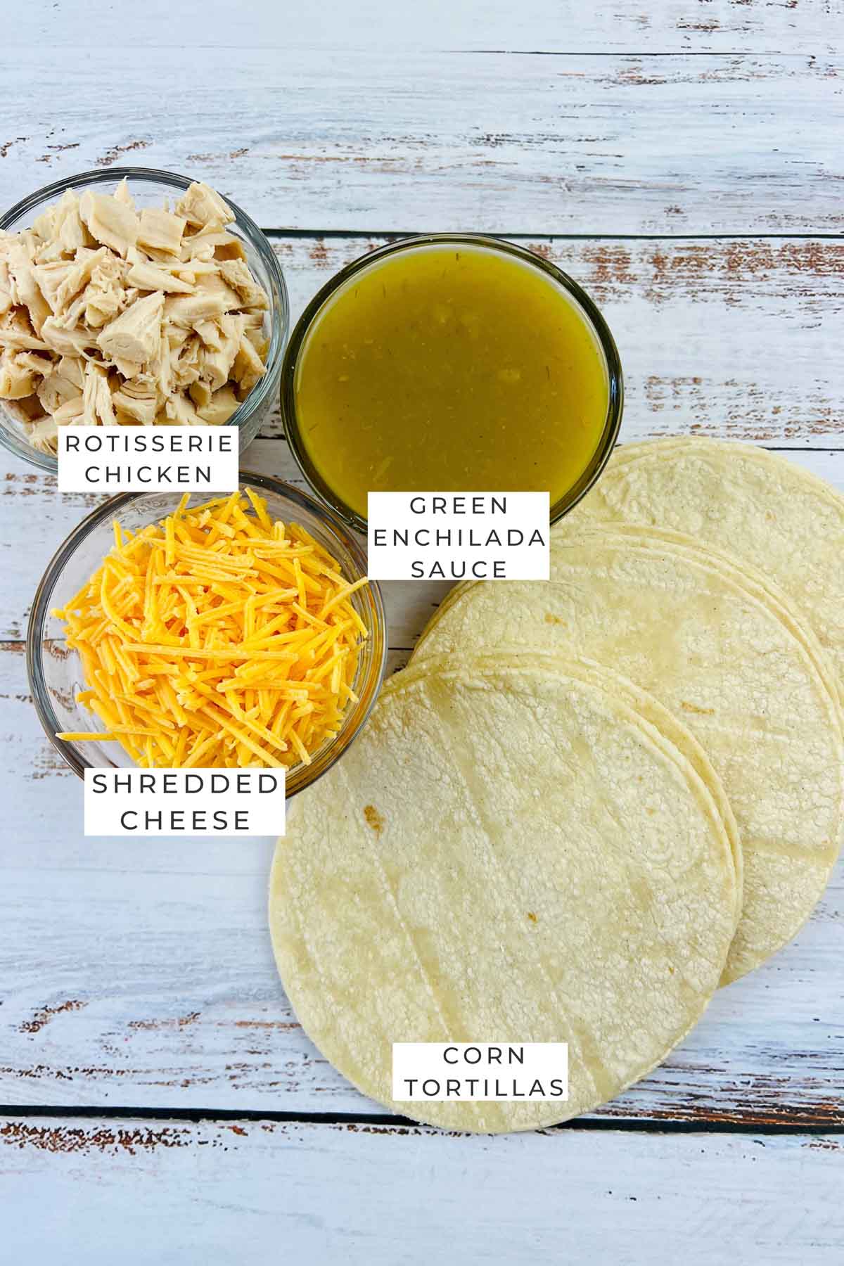 Labeled ingredients for the enchiladas.