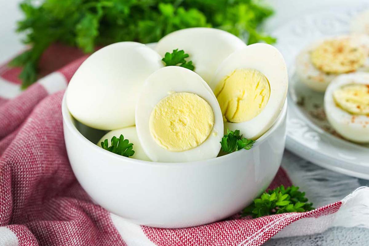 Boiled eggs in a bowl.