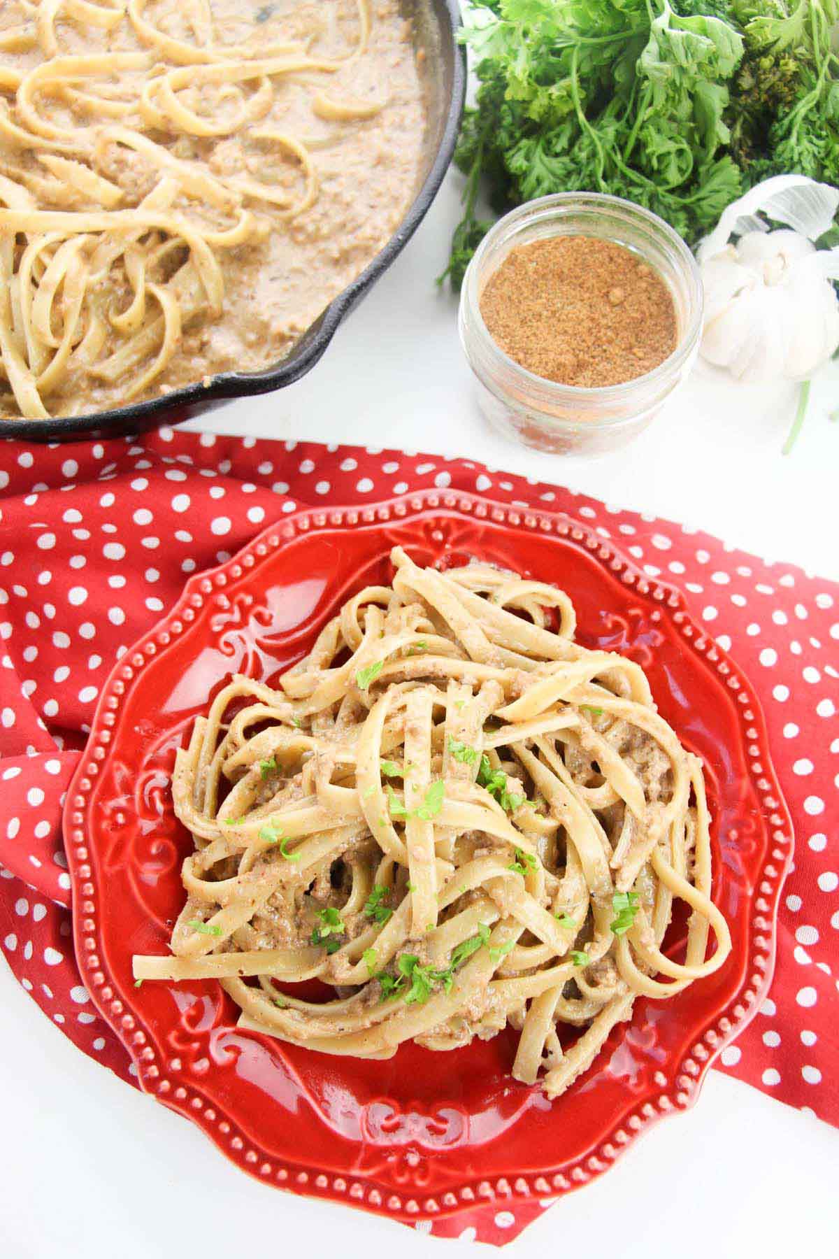 Pasta on a red plate set on a red and white kitchen towel.