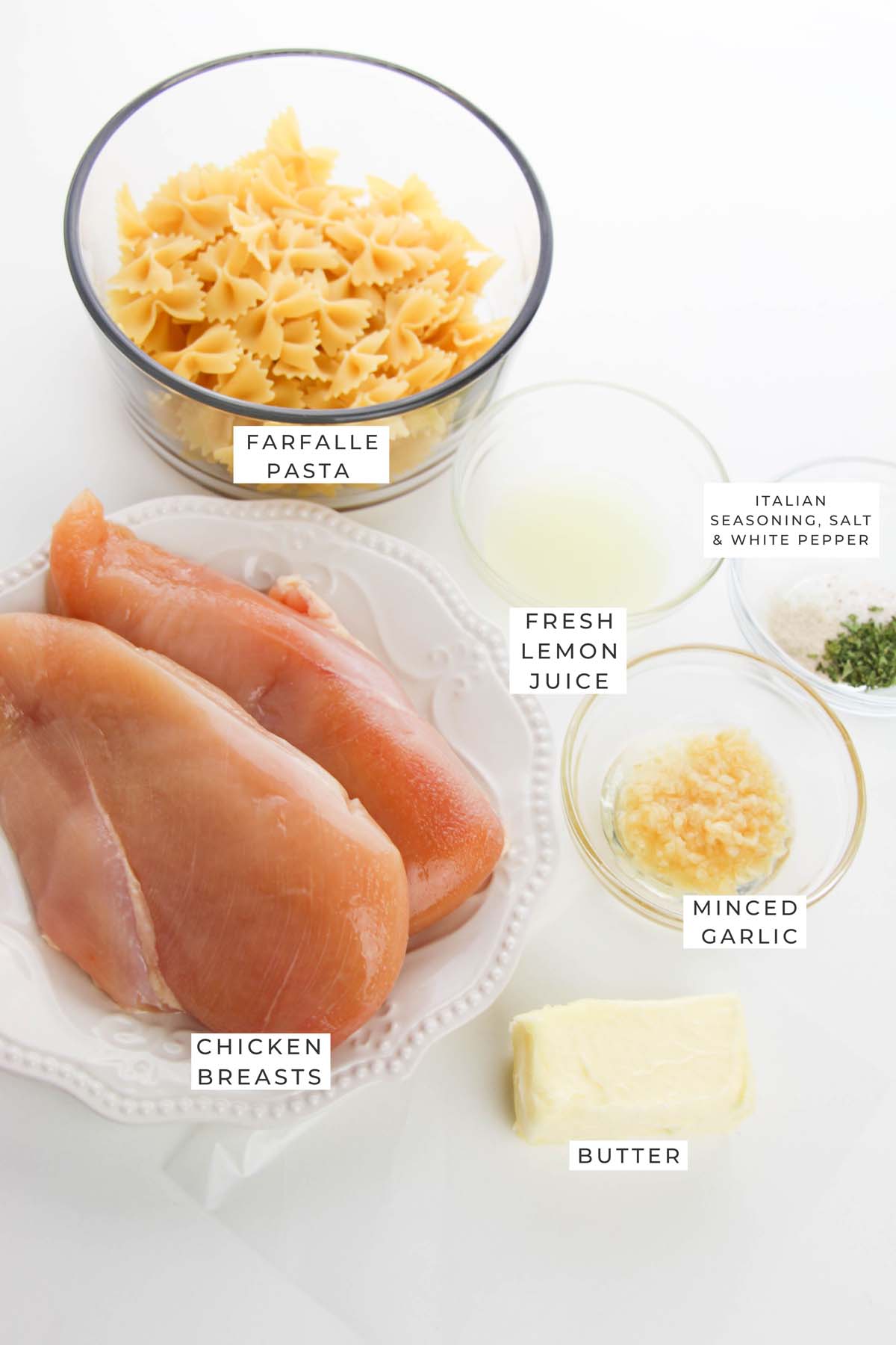 Labeled ingredients for the chicken pasta.