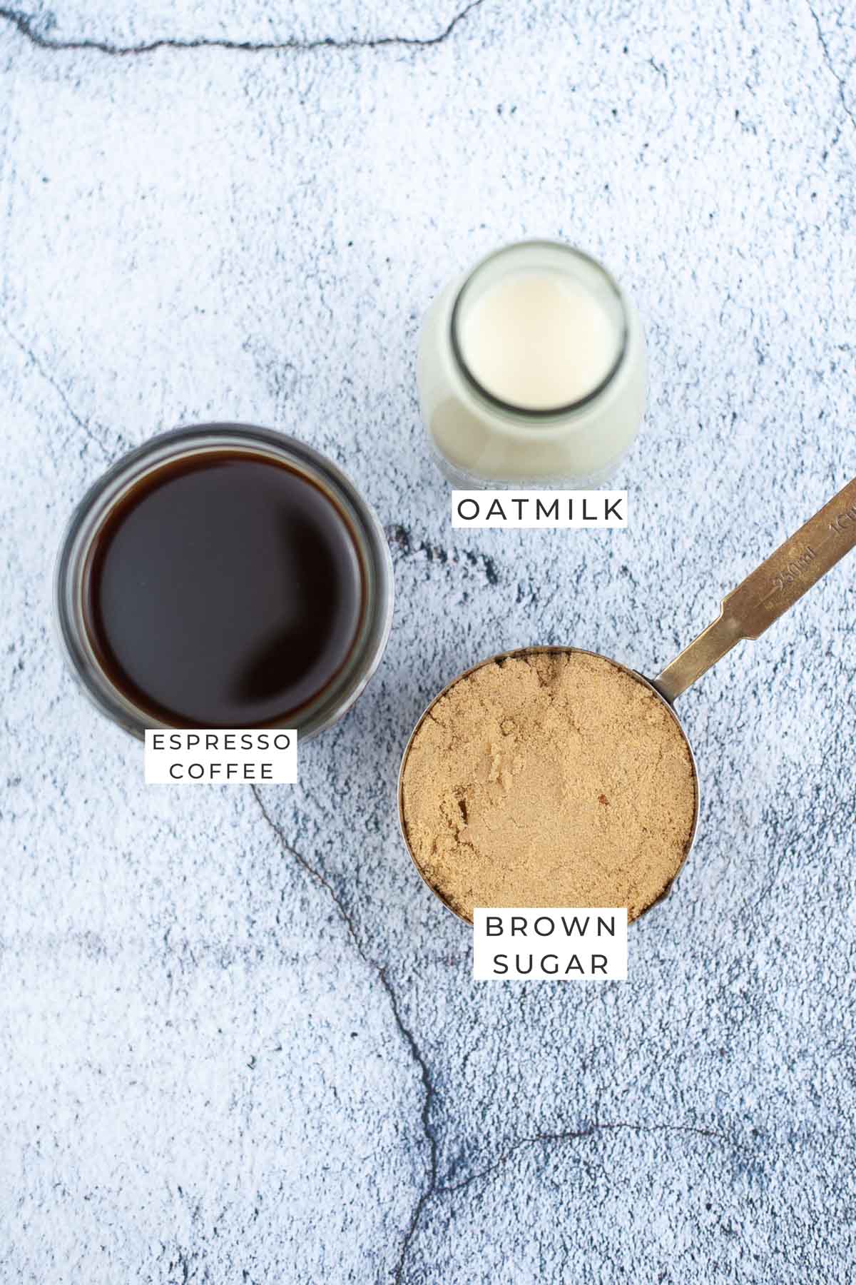 Labeled ingredients for the shaken espresso.