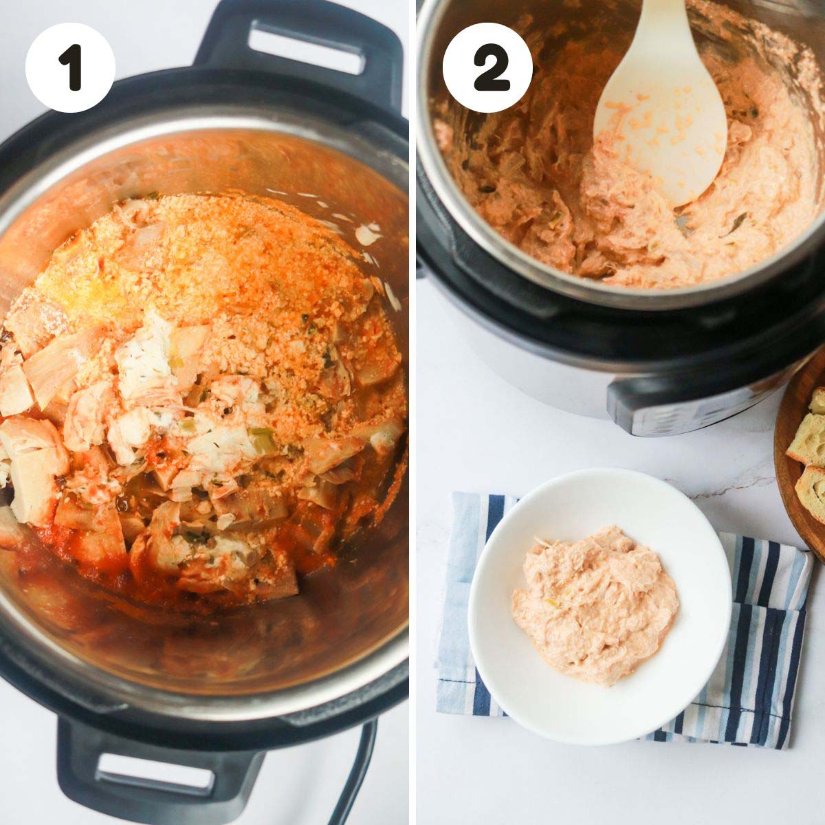 two image process making Instant Pot buffalo chicken dip.