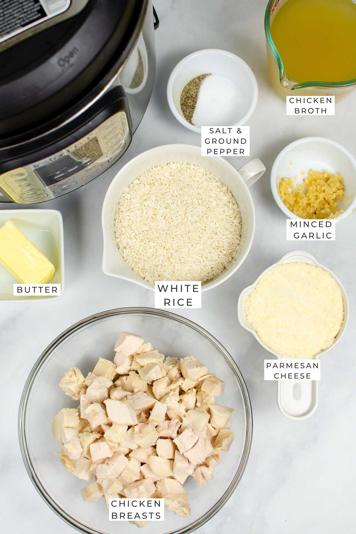 Labeled ingredients for the chicken and rice.