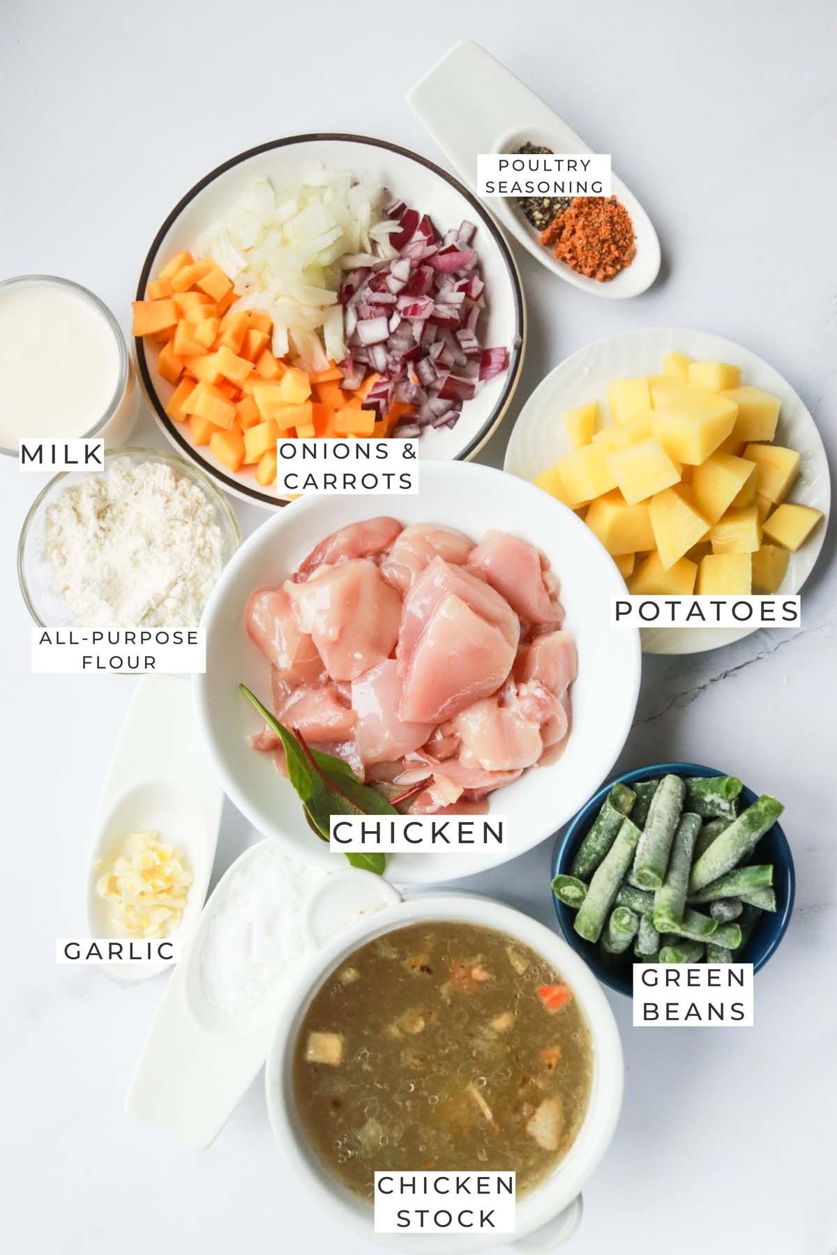 Instant Pot chicken pot pie soup labeled ingredients.